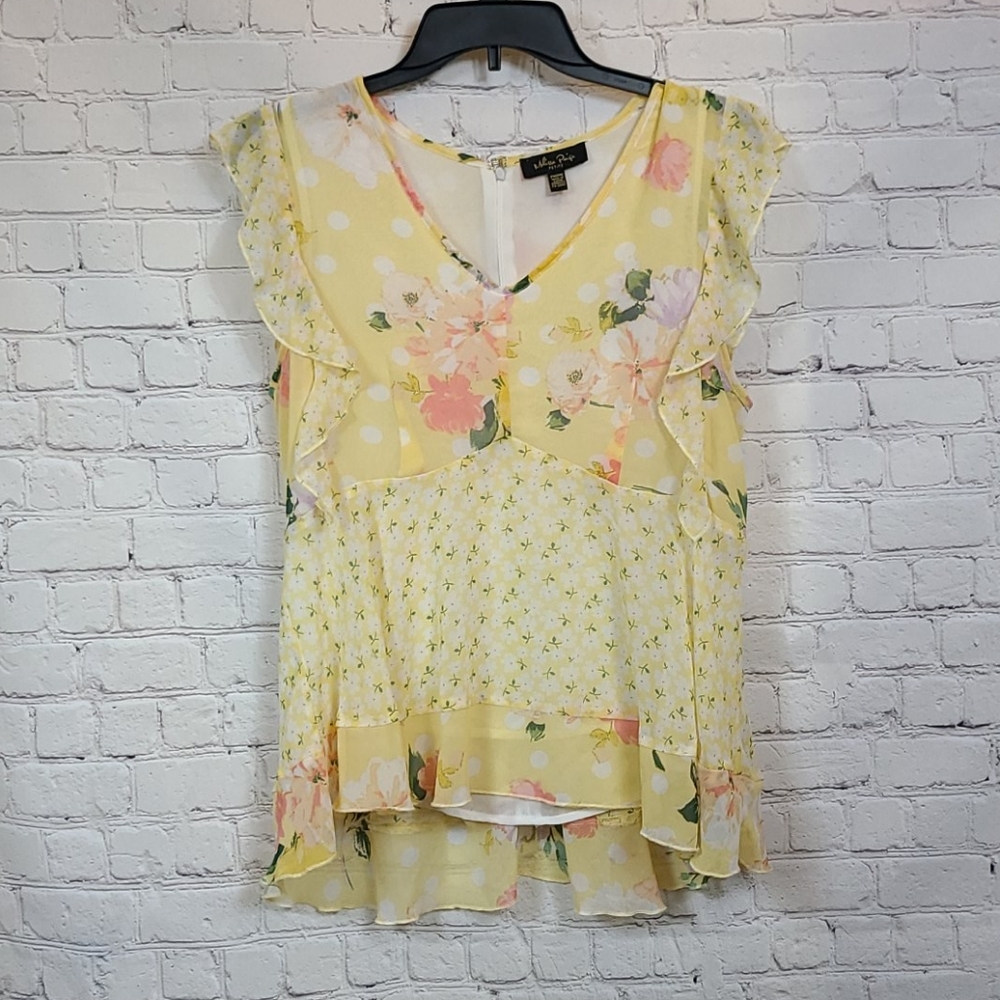 Melissa Paige PETITE Yellow Dot Floral Blouse Top